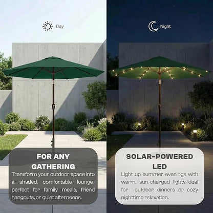 11FT Solar Lighted Patio Umbrella, Outdoor Table Market Umbrellas with Crank Lift, 32 LED Lights, 8 Sturdy Ribs, UV-Resistant for Deck, Garden, Pool