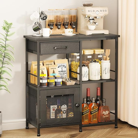 SWTYMIKI Coffee Bar Cabinet for Home - Farmhouse Coffee Stand Station Multi-Purpose Storage Cabinet with Adjustable Feet, Drawers - Kitchen Bar Table for Living Room, Corner, Small Space, Black