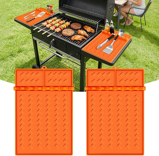 2 Pack Silicone Grill Mat Compatible with Blackstone,Silicone Griddle Tools Mat with Drip Pad, 16.5"x11.5" Side Shelf Spatula Mat for Griddle, BBQ Grill Accessories for Outdoor Dad-Orange