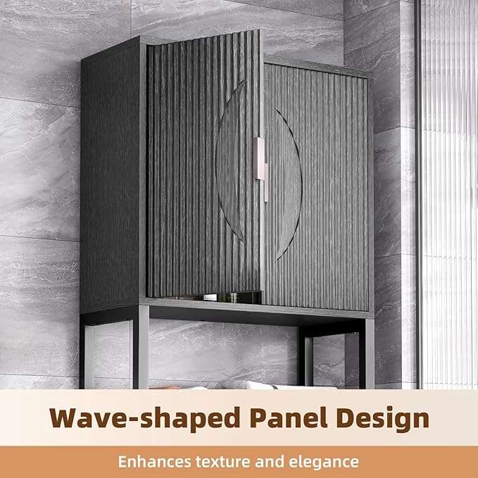 Kalrin Over The Toilet Storage Cabinet with Fluted Wave Doors and Adjustable Shelf, Wood Over Toilet Storage Rack with Drain Basket, Freestanding Bathroom Organizer for Balcony Laundry, Pure Black