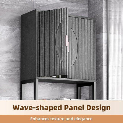 Kalrin Over The Toilet Storage Cabinet with Fluted Wave Doors and Adjustable Shelf, Wood Over Toilet Storage Rack with Drain Basket, Freestanding Bathroom Organizer for Balcony Laundry, Pure Black
