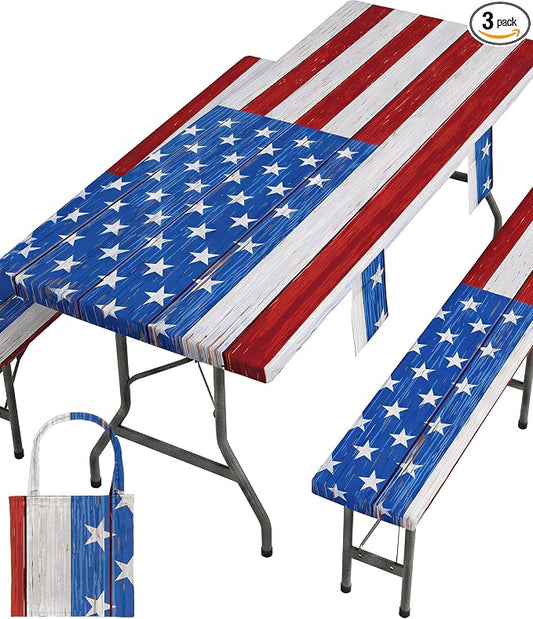 Picnic Table Cover with Bench Covers Waterproof Rectangle Tablecloth Camping Essentials Supplies Rv Travel Gear Must Haves Accessories Fitted Table Cloth Outdoor Road Trip Camper Gifts American Flag