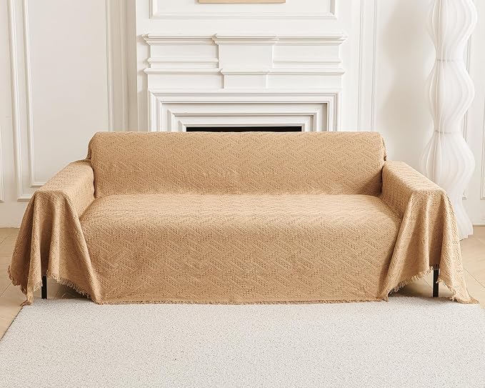 AIVIA Loveseat Cover Sheet Blanket, Woven Reversible Anti Slip Cushion Covers for 2 Seater Couches with Armrest, Love-Seat Furniture Decor Slipcovers Protector for Dogs Cats Pets (Khaki, 71” x 102”)
