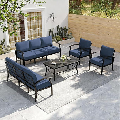 ALAULM Aluminum Patio Furniture Set with Coffee Table Rectangular, 8-seat Outdoor Sectional Furniture w/5.1" Cushions, Patio Conversation Set for Porch, Backyard, Poolside-Dark Blue