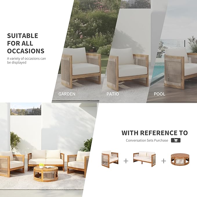 Christopher Knight Home Dora Set of 2 Patio Club Chair with Cushions, Acacia Wood Lounge Chair Outdoor, Woven Accents, Curved Design Side Chair for Balcony Backyard Garden Poolside, Beige + Teak