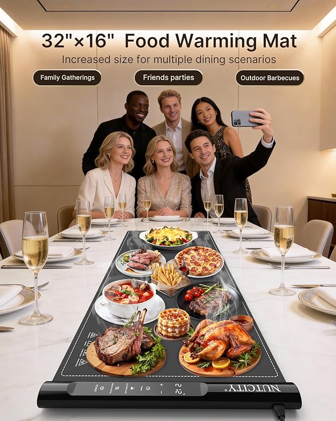 Warming Mat for Food Extra Large 32" x 16", Portable Food Warming Mat with 7 Temperature Settings & 8-Hour Timer, Tortilla Warmer for Gatherings, Parties (Large Size: 32" x 16")