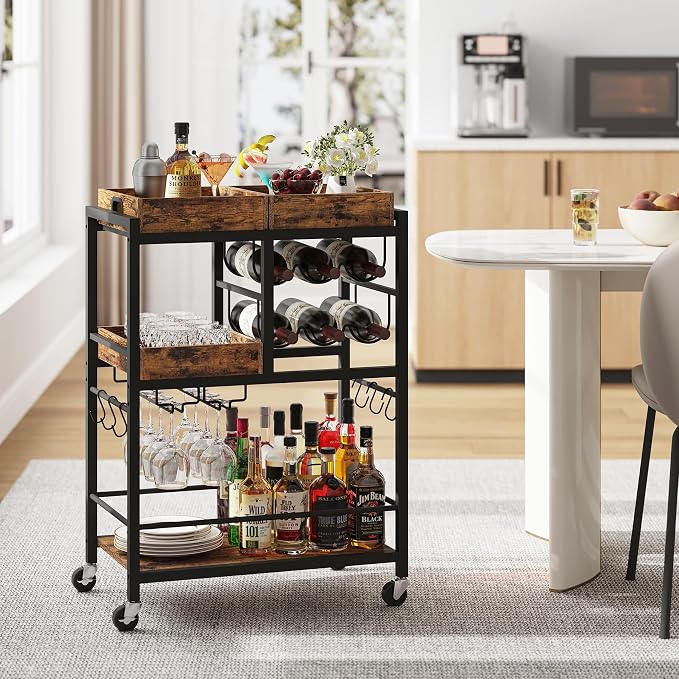 TUTOTAK Bar Cart with Wheels, Drink Cart with Wine Rack and Glass Holder | 3-Tier 24.8 Inch Wide Home Bar Serving Carts, Small Mobile Kitchen Shelf with 6 Hooks, Rustic Brown BC01BB037