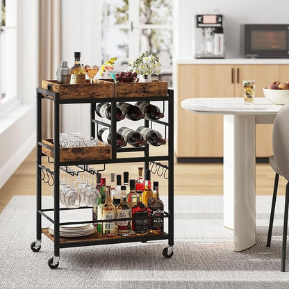 TUTOTAK Bar Cart with Wheels, Drink Cart with Wine Rack and Glass Holder | 3-Tier 24.8 Inch Wide Home Bar Serving Carts, Small Mobile Kitchen Shelf with 6 Hooks, Rustic Brown BC01BB037