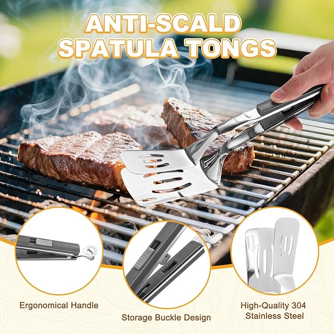 M METERXITY Spatula Tongs, 13.4 Inch 304 Stainless Steel Anti-Scald Extended Multifunctional Flipper Grill Clamp for Cooking/Barbecue, Kitchen Cooking Tongs [Gray Handle, Silver Tone]