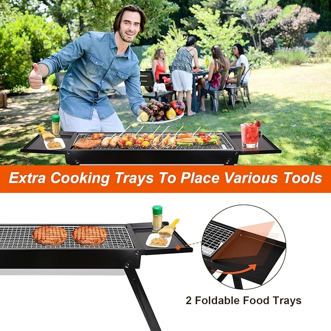 Foldable Charcoal BBQ Grill, Portable Grill Charcoal with Side Table, Stainless Steel BBQ Grill, Easy Setup Tabletop Barbecue Grill for Camping Picnic Outdoor Party Backyard Travel (Extended)