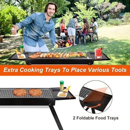 Foldable Charcoal BBQ Grill, Portable Grill Charcoal with Side Table, Stainless Steel BBQ Grill, Easy Setup Tabletop Barbecue Grill for Camping Picnic Outdoor Party Backyard Travel (Extended)
