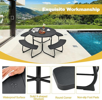 Tangkula 8 Person Picnic Table, Outdoor Round Picnic Table with 4 Built-in Benches, Umbrella Hole, Metal Frame & HDPE Tabletop, Outside Table and Bench Set for Backyard, 2300lbs Weight Capacity