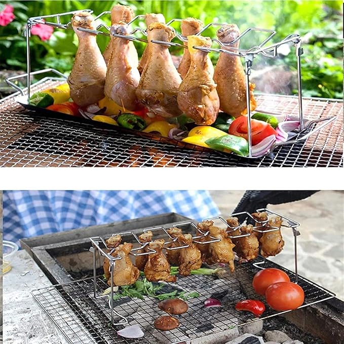 Portable Charcoal Grill for Camping BBQ, Outdoor Barbecue Grill Stainless Steel 12-Slot Foldable Chicken Wing Leg Roaster Stand, Compact Charcoal Grills BBQ for Picnic Tailgate,A-1