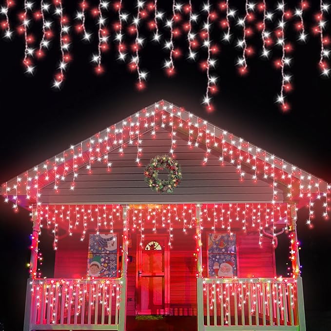 QITONG Red and White Icicle Lights for Outside, 66ft 800 LED String Light with 8 Modes, Clear Wire Connectable Icicle Christmas Lights Indoor Plug in