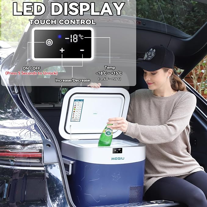 Megiu Car Refrigerator Portable Car Fridge 12V Refrigerator 23 Quart (22 Liter) Freezer Compressor Cooler 12V/24V DC 110～240 V AC for Outdoor Camping Travel Home Use -18℃~+15℃ (Blue)