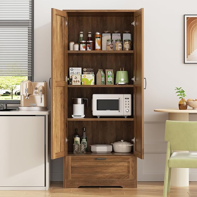 Shintenchi Kitchen Pantry Cabinet, Freestanding Farmhouse Storage Cabinet with 4 Shelves and 1 Drawer, Tall Cupboard for Kitchen, Living Room, Dining Room and Bathroom, Rustic Brown