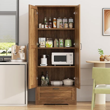 Shintenchi Kitchen Pantry Cabinet, Freestanding Farmhouse Storage Cabinet with 4 Shelves and 1 Drawer, Tall Cupboard for Kitchen, Living Room, Dining Room and Bathroom, Rustic Brown