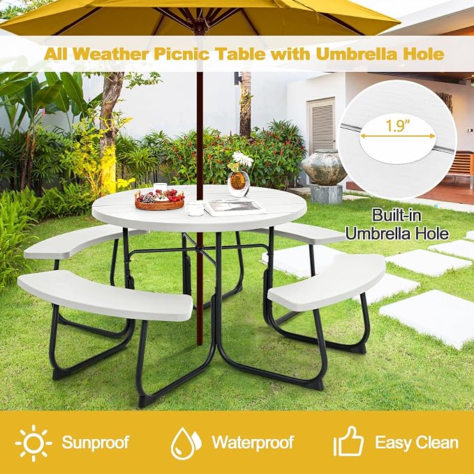 Tangkula 8 Person Picnic Table, Outdoor Round Picnic Table with 4 Built-in Benches, Umbrella Hole, Metal Frame & HDPE Tabletop, Outside Table and Bench Set for Backyard, 2300lbs Weight Capacity