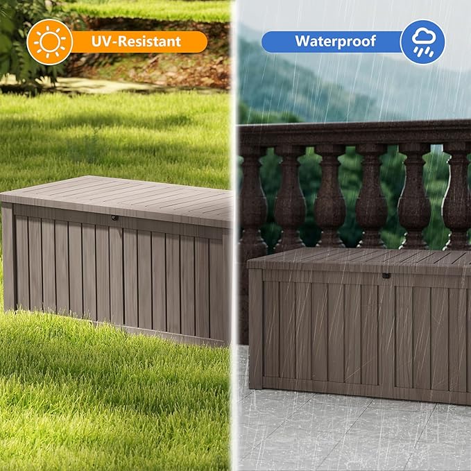 FEFLO 120 Gallon Resin Desk Boxes, Lockable Outdoor Storage Box for Furniture, Toy, Shoe, Garden & Patio Tools Storage, IP54 Weatherproof Package Delivery Boxes for Outside - Brown