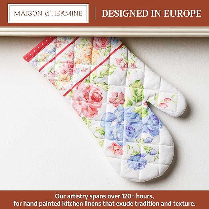 Maison d'Hermine Oven Gloves 100% Cotton Oven Mitt 7" x 13" with Loop Heat Resistant BBQ Cooking Gloves Baking Grilling Kitchen Hotel Home Farmhouse Spring Summer (Pack of 1, Vintage Floral)