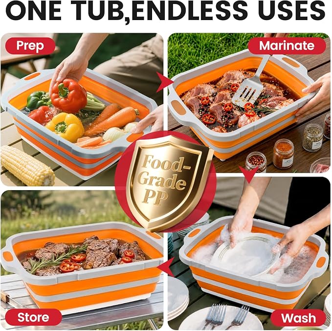 BBQ Prep Tub,8L Collapsible Cutting Board with Locking Lid for RV, Orange | Outdoor Food Prep Bin, Stable Carry Handles, Quick-Rinse Surface, For Campsites, Cookouts, Road Trips, Family BBQ Nights