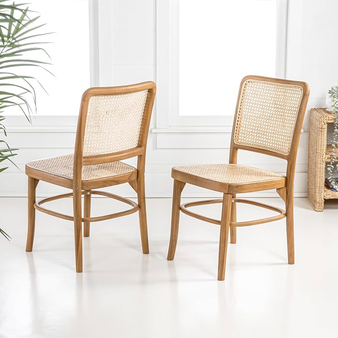 JONATHAN Y Colmar Mid-Century Natural Teak Rattan Dining Chairs Set of 2 | For Kitchen And Home Office, Woven Cane Back, Armless Side Seating, Indonesian Wood, Vintage Bohemian Style