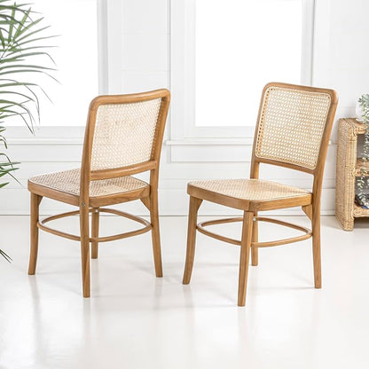 JONATHAN Y Colmar Mid-Century Natural Teak Rattan Dining Chairs Set of 2 | For Kitchen And Home Office, Woven Cane Back, Armless Side Seating, Indonesian Wood, Vintage Bohemian Style