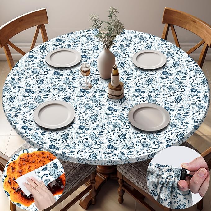 opstellen Fitted Round Tableclothes Drawstring Water Proof Table Cloth Polyester Indoor Outdoor Circular Covers for 36-44in Table Household Organization Gifts Patio Picnic Camping Festival Gadgets