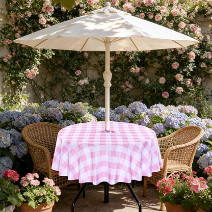 Poise3EHome Round Outdoor Tablecloth with Umbrella Hole and Zipper,Pink and White Gingham 60 Inch,SpillProof Washable Table Cloth for Spring Summer Patio Garden Poolside Picnic Camping BBQS