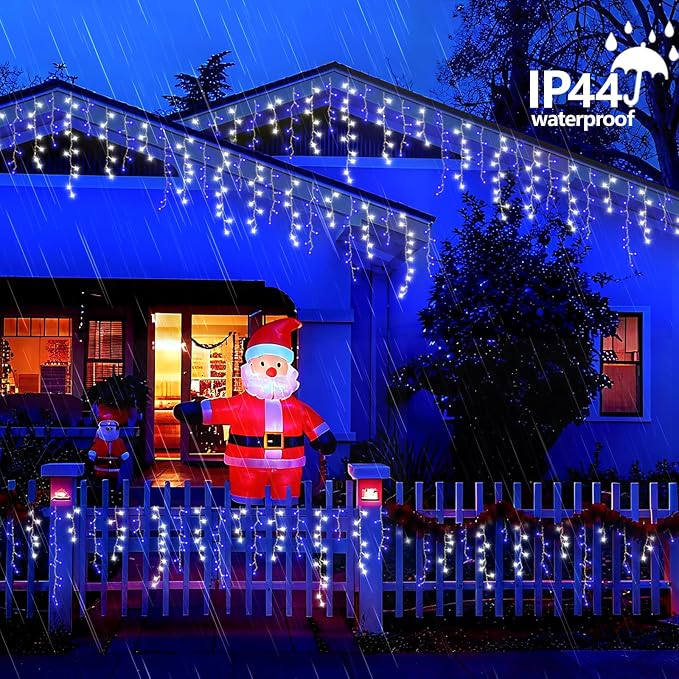 YEGUO 33ft 400 LED Blue and White Icicle Lights Outdoor Waterproof, 80 Drops Icicle String Lights Connectable, 8 Modes Icicle Christmas Lights with Memory Timer