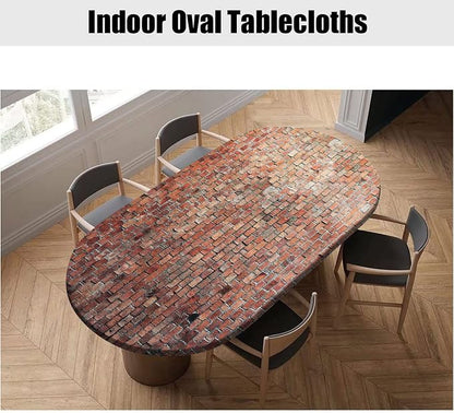 Wall Oval Fitted Tablecloth, Vintage Red Brick Elastic Edged Table Cover, Polyester Cloths for Indoor Dining and Outdoor Patio Party Festival Use, Fits Tables Up to 48x68 Inches