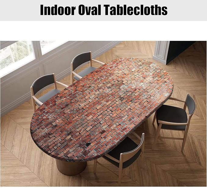 Wall Oval Fitted Tablecloth, Vintage Red Brick Wall Elastic Edged Table Cover, Polyester Table Cloths Indoor Dining and Outdoor Patio Party Festival Use, Fits Tables Up to 60x84 Inches