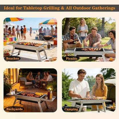 Portable Folding Charcoal Grill Tool-Free Assembly Stainless Steel BBQ Grill with Slide-Out Ash Pan & Side Trays, Compact Outdoor Barbecue for Camping, Picnic, Tailgating