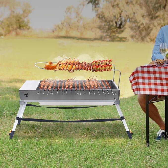 Free Standing Portable Stainless Steel Charcoal Grill USB Outdoor 17 Grill Slots for Outdoor BBQs, Camping, Tailgating & Travel Included Charcoal Grate & Fork (Silver)