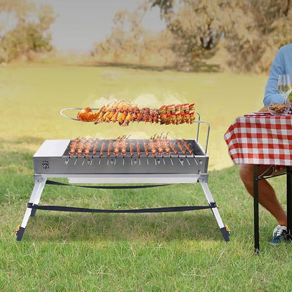 Free Standing Portable Stainless Steel Charcoal Grill USB Outdoor 17 Grill Slots for Outdoor BBQs, Camping, Tailgating & Travel Included Charcoal Grate & Fork (Silver)