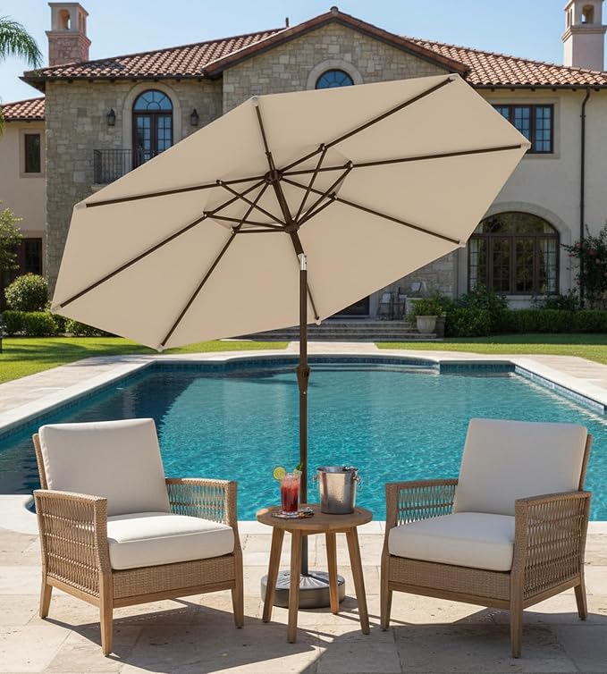 9FT Auto-Tilt Patio Umbrella|Outdoor Market Table Umbrella with 8 Fiberglass Ribs for Pool,Deck&Backyard
