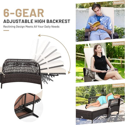 COSTWAY PE Rattan Chaise Lounge Chair, 6 Gear Adjustable Recliner with Armrest & Pillow, Wicker Outdoor Furniture for Deck, Patio (2, Brown)