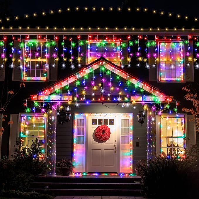 Joomer 19FT Christmas Icicle Lights Outdoor Connectable Multicolor | 30 Drops 8 Modes Timer Waterproof Plug-in String Light for Christmas Party, holiday Eaves Roof yard Xmas Decorations