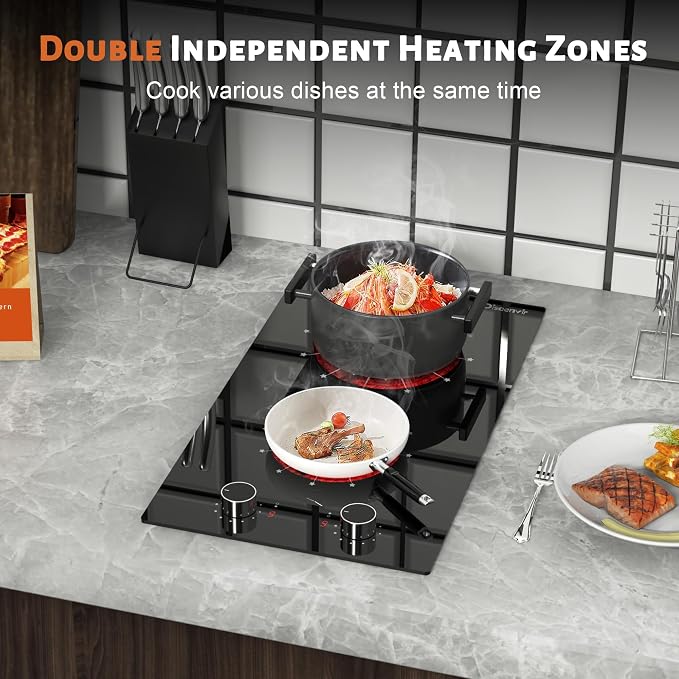 2 Burner Electric Cooktop 110V Portable Plug in 2000W | 12 Inch Two Burner Electric Stove Built-in & Countertop, Knob Control, Over Heat Protection, 9 Power Level, 120V Portable