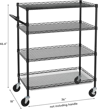 Finnhomy 4 Tier Heavy Duty Commercial Grade Rolling Cart with Handle Bar, Metal Wire Utility Cart with Wheels, Service Trolley on Wheels, Shelf Size 18" D x 36" W, NSF, Black