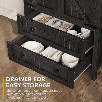 DWVO 64.5" Farmhouse Pantry Cabinet with 2 Drawers & Shelves, Oak Black | Tall Versatile Storage for Living Room, Dining Room, and Hallway
