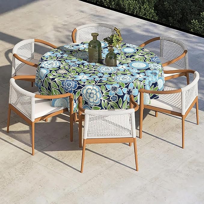 Outdoor/Indoor Round Tablecloth with Umbrella Hole Zipper, Decorative Circular Table Cover for Home Garden, 60 Inch, Azure Bloom