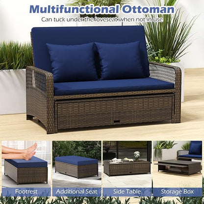 Tangkula Patio Rattan Daybed with 4-Level Adjustable Backrest, 2-Person Outdoor Wicker Loveseat with Storage Ottoman & Soft Cushions, Double Sunbed Lounger for Backyard, Porch, Poolside (Navy)
