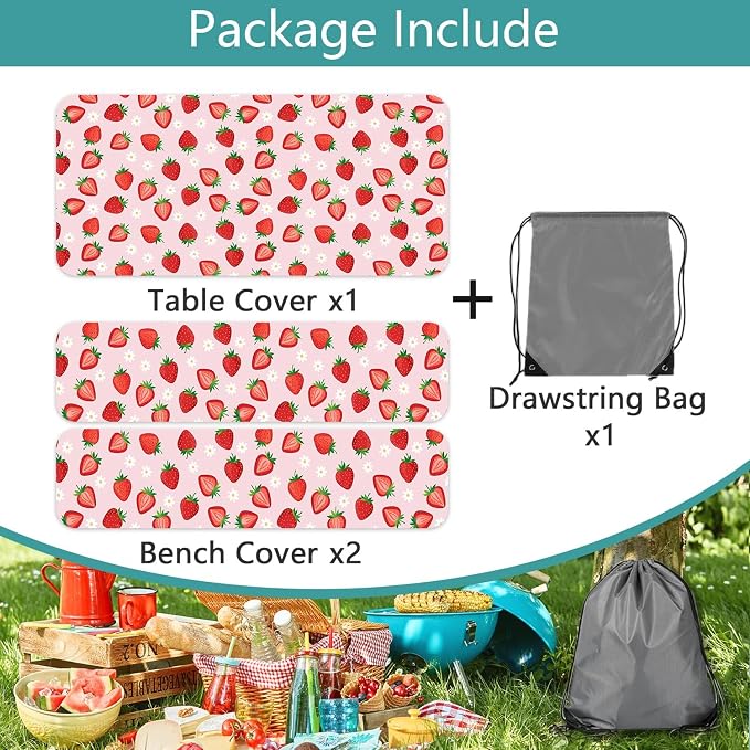 Strawberry Picnic Table Cover with Bench Covers and Bag, Camping Essentials, Berry Waterproof Windproof, Fitted Tablecloth Cover with Elastic Edge for Outdoor Garden 3 PCS 30x96 Inch