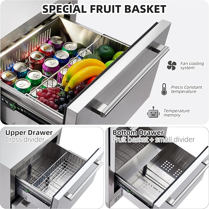 24 inch Undercounter Refrigerators with Weatherproof Full Stainless Steel Body, Built-in Beverage Refrigerator for Home and Commercial Use, Stainless Steel Door, Fast Cooling, Low Noise, 37-65 °F