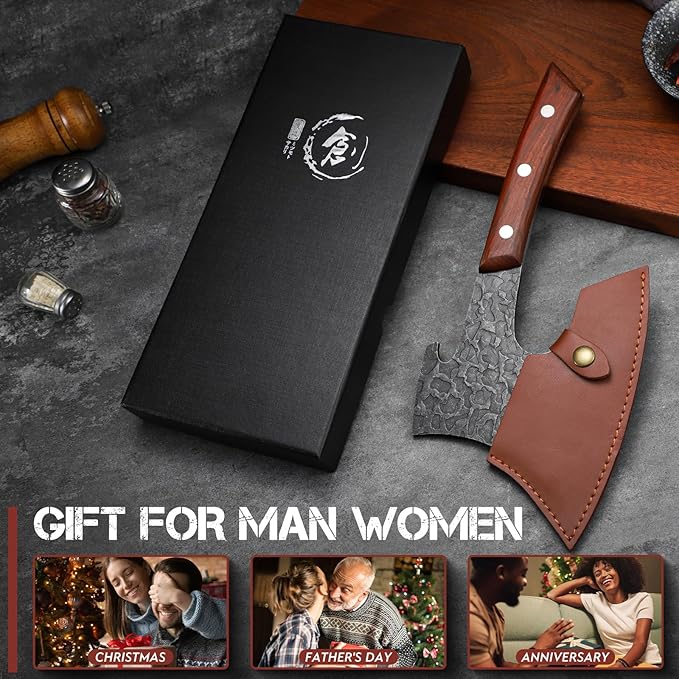 Purple Dragon Butcher Knife Heavy Duty Meat Cleaver - Hand Forged Kitchen Axe for Bone Chopping - Outdoor BBQ and Cooking Christmas Gift for Men and Women