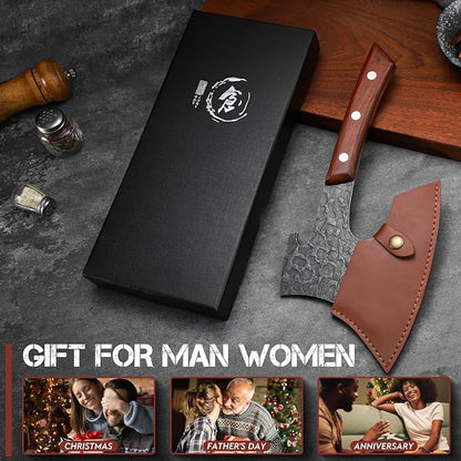 Purple Dragon Butcher Knife Heavy Duty Meat Cleaver - Hand Forged Kitchen Axe for Bone Chopping - Outdoor BBQ and Cooking Christmas Gift for Men and Women