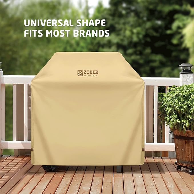 ZOBER Heavy Duty BBQ Grill Cover - 58 Inch Waterproof Double Layered Fits Weber Gas Grill Cover Charbroil Grill & Smoker - Gas Grill Covers w/Air Vents, Dual Handles - 600D Oxford Fabric, Mustard