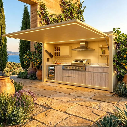 Prefab Outdoor Kitchen Kits with Roof Storage, Modular Outdoor Kitchen Pod with Grill, Sink, Burners, Refrigerator, Patio Backyard Cooking Island Station