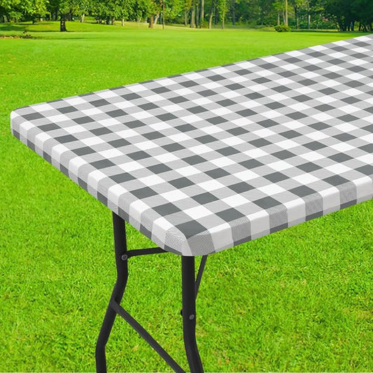 Smiry Rectangle Picnic Table Cloth, Elastic Waterproof Fitted Vinyl Tablecloths, Flannel Backed Buffalo Plaid Table Covers for Dining, Camping, Outdoor (White and Grey, 30" x 72")
